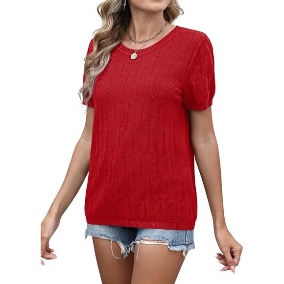 Women Short Sleeve Red Sweater Round Neck Summer Work Beach Vacation Top - Picture 4 of 5